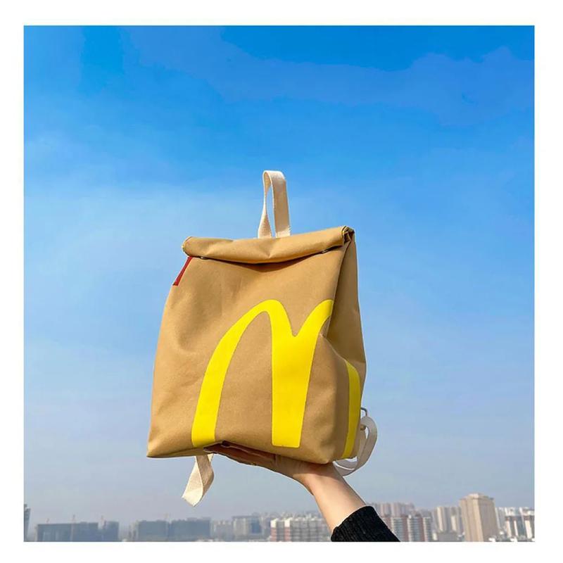 Funny McDonald's Starbucks KFC Paper Bag with Cute Keychain Canvas Backpack Shoulder Bag Fashion Large Capacity Casual School Student Bag Outdoor Daypack Crossbody Bag for Women Men