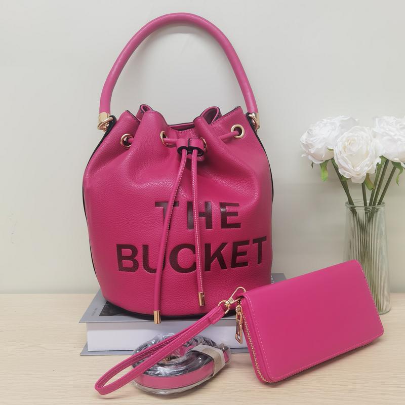 E68-New women's large-capacity handbag solid color letter print crossbody bag drawstring pleated bucket bag