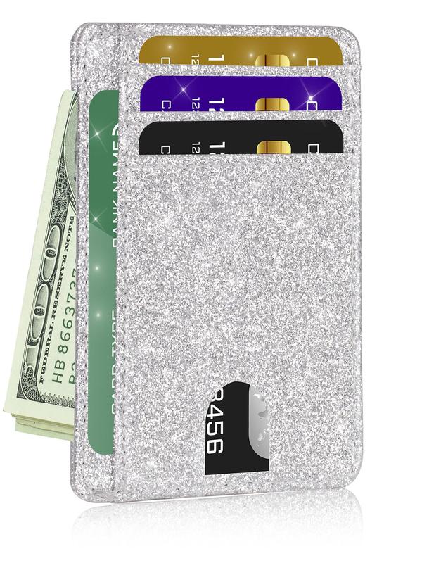 2024 Summer Glitter Rfid Blocking Card Holder,  Purses for Women,  Women's Plain Front Pocket Wallet, Super Slim Minimalist Wallet, Gift for Teen Girl, Girlfriend for Back To School