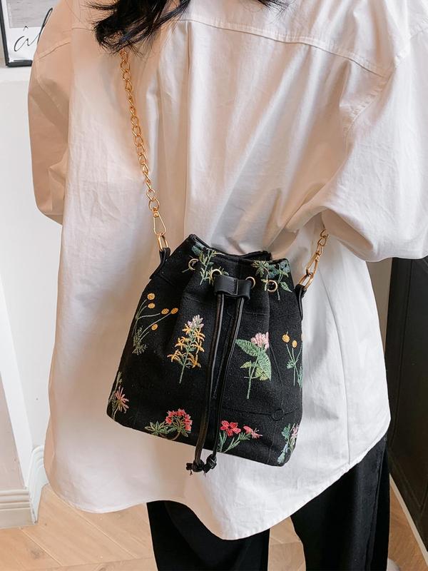Floral Embroidered Crossbody Bag, Vintage Mini Drawstring Flower Pattern Affordable Luxury Bag, Casual Trendy Versatile High-quality Daily Commuting Bag