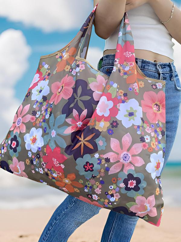 Floral Pattern Tote Bag, Summer 2024 Large Capacity All Over Print Shopping Bag for Women & Men, Casual Trendy Versatile High-quality Daily Commuting Bag