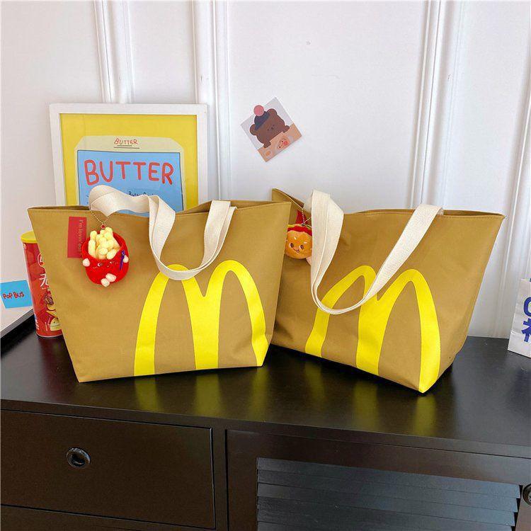 Funny McDonald's Starbucks KFC Paper Bag with Cute Keychain Canvas Backpack Shoulder Bag Fashion Large Capacity Casual School Student Bag Outdoor Daypack Crossbody Bag for Women Men