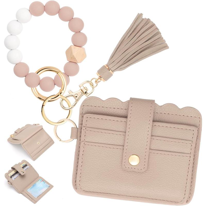 Card Holder Purse, Slim Wallet Keychain Wristlet, Tassel Keychain Bangle Key Ring for Men Women, Gifts