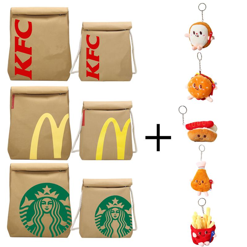 Funny McDonald's Starbucks KFC Paper Bag with Cute Keychain Canvas Backpack Shoulder Bag Fashion Large Capacity Casual School Student Bag Outdoor Daypack Crossbody Bag for Women Men