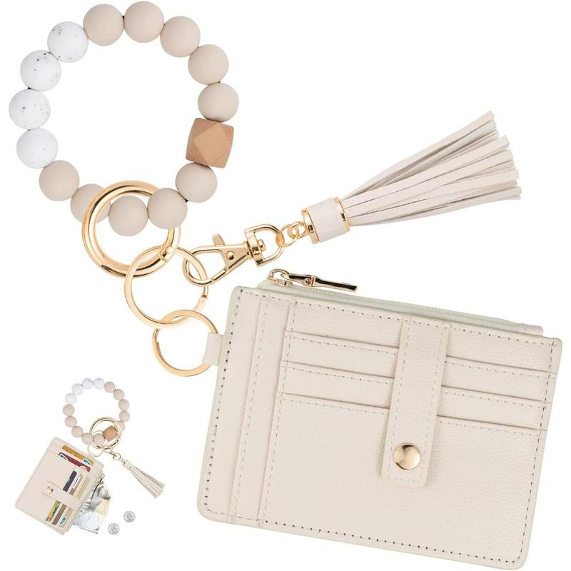 Card Holder Purse, Slim Wallet Keychain Wristlet, Tassel Keychain Bangle Key Ring for Men Women, Gifts
