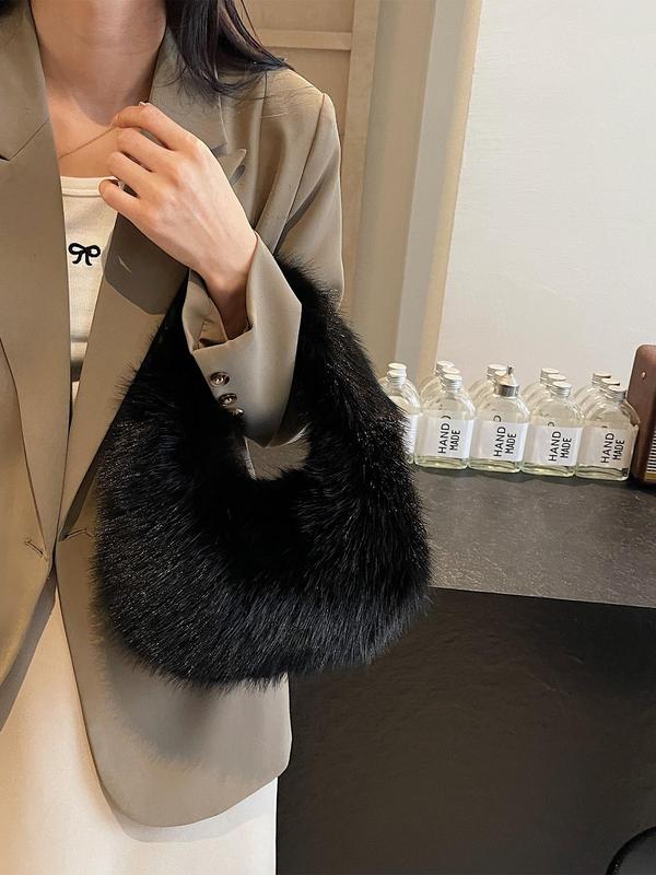 Women's Elegant Solid Color Handbag, Fashionable Faux Fur Bucket Bag for Daily Used, Casual Trendy Versatile High-quality Daily Commuting Bag