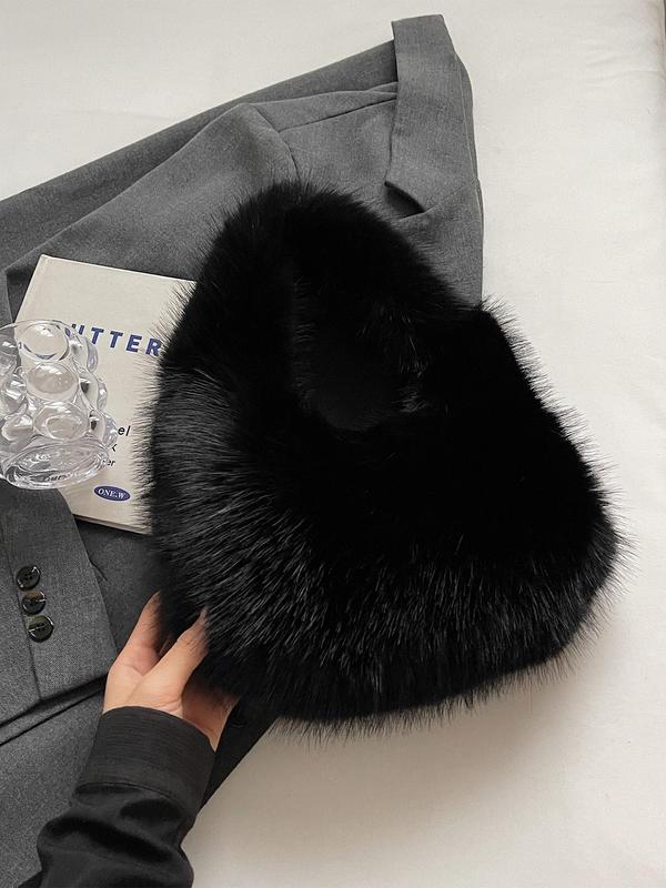 Women's Elegant Solid Color Handbag, Fashionable Faux Fur Bucket Bag for Daily Used, Casual Trendy Versatile High-quality Daily Commuting Bag