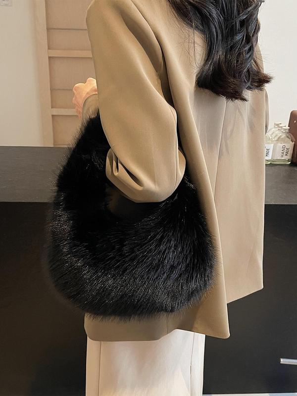 Women's Elegant Solid Color Handbag, Fashionable Faux Fur Bucket Bag for Daily Used, Casual Trendy Versatile High-quality Daily Commuting Bag