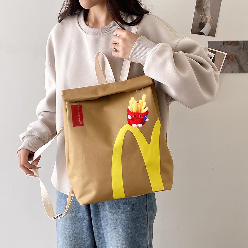 Funny McDonald's Starbucks KFC Paper Bag with Cute Keychain Canvas Backpack Shoulder Bag Fashion Large Capacity Casual School Student Bag Outdoor Daypack Crossbody Bag for Women Men