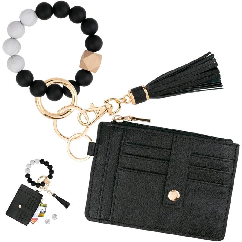 Card Holder Purse, Slim Wallet Keychain Wristlet, Tassel Keychain Bangle Key Ring for Men Women, Gifts