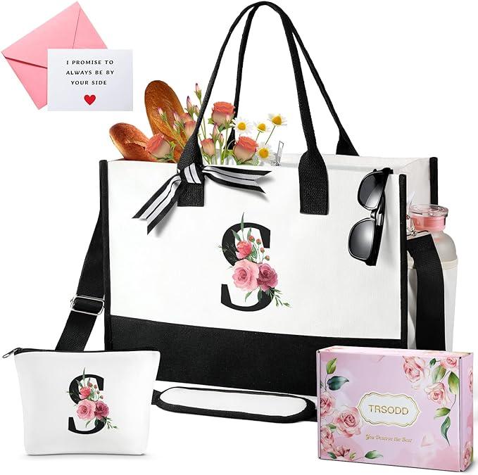 2 piece Floral Initial Tote Bag with Makeup Bag, Fashion Canvas Tote Bag for Women with Shoulder Strap, Personalized Gifts ,high-quality daily commuting bag ,girl fashionable shopping bag for spring