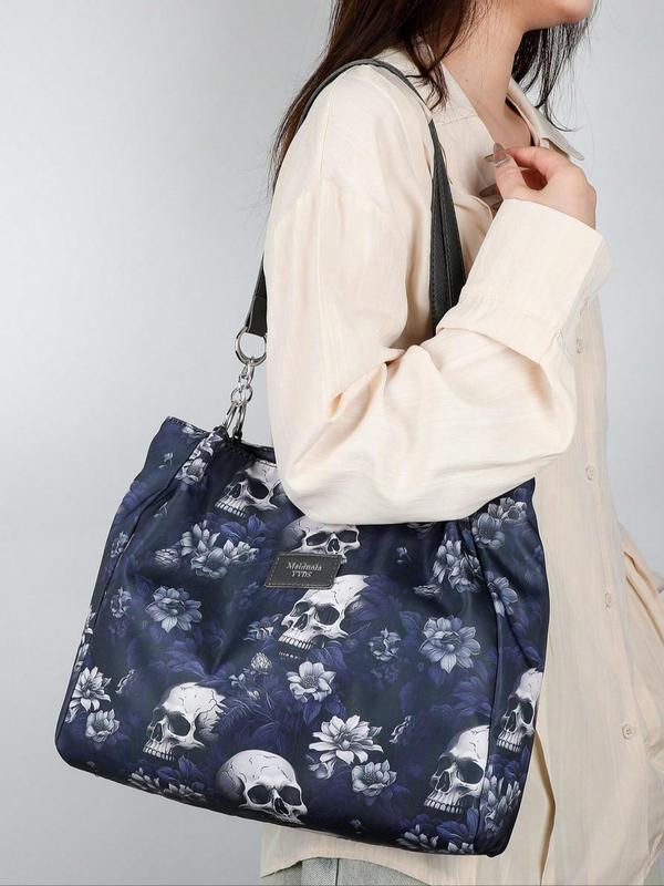 Fashion Skull & Flower Pattern Zipper Shoulder Bag, Casual Large Capacity Tote Bag for Women, Trendy All-match Bag for Daily Use,  Work Bags