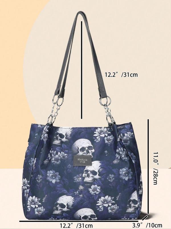 Fashion Skull & Flower Pattern Zipper Shoulder Bag, Casual Large Capacity Tote Bag for Women, Trendy All-match Bag for Daily Use,  Work Bags