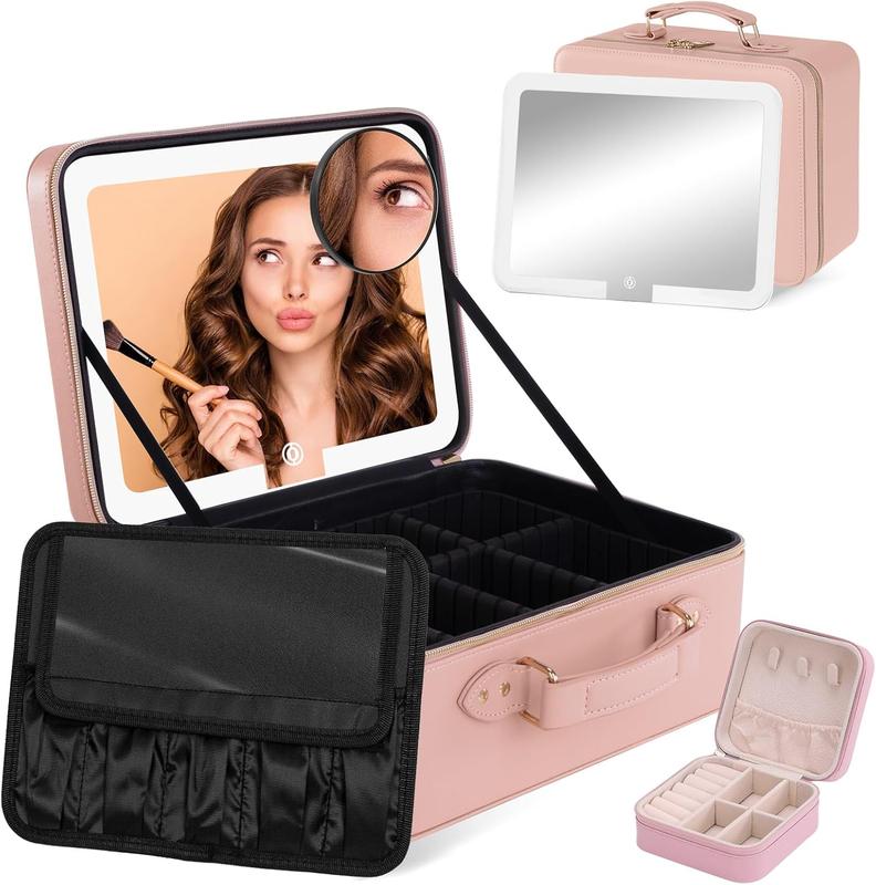 12 INCH Makeup Bag with Mirror and Lights, Detachable Lighted Makeup Case, Travel Makeup Train Case with Adjustable Dividers and 10x Magnifying Mirror | 3 Adjustable Brightness