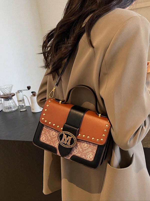 Elegant Studded Decor Crossbody Bag, Fashionable Colorblock PU Leather Shoulder Bag with Adjustable Strap, New Fashion Handbag for Women