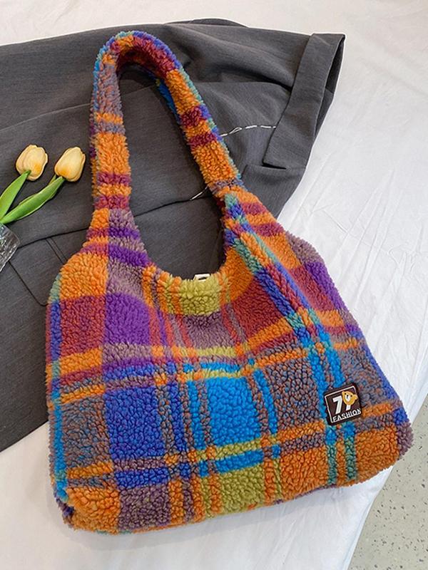 Women's Cute Colorful Plaid Pattern Tote Bag, Casual Large Capacity Shoulder Bag for Commute & School, Trendy Versatile High-quality Daily Commuting Bag