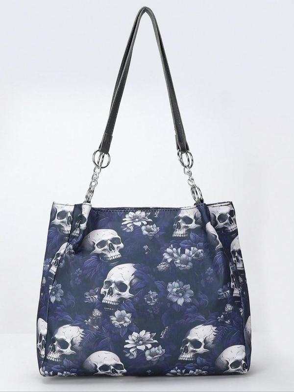 Fashion Skull & Flower Pattern Zipper Shoulder Bag, Casual Large Capacity Tote Bag for Women, Trendy All-match Bag for Daily Use,  Work Bags