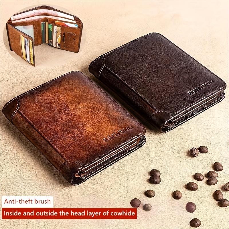 Men's Wallet RFID Anti-Theft Swiping Ultra-Thin Top Layer Cowhide Short Leather Wallet, Gift for Father