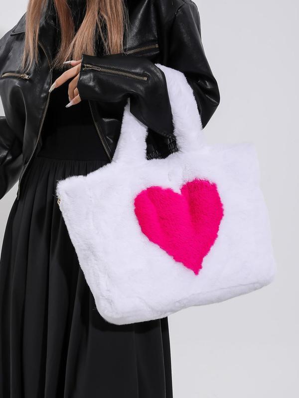 Women's Fashionable Heart Shaped Faux Fur Handbag, Casual Versatile Shoulder Bag with Chain Strap, Trendy All-match Crossbody Bag for Daily Use