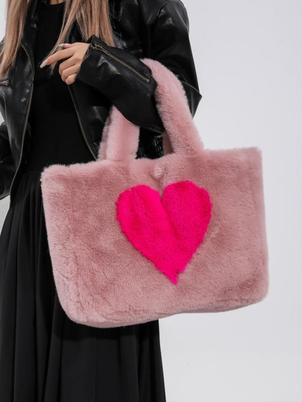 Women's Fashionable Heart Shaped Faux Fur Handbag, Casual Versatile Shoulder Bag with Chain Strap, Trendy All-match Crossbody Bag for Daily Use