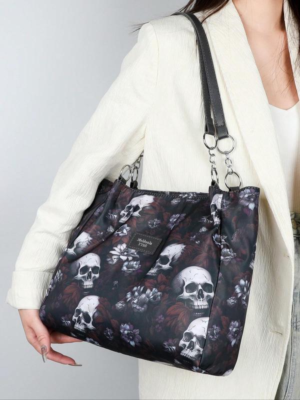 Fashion Skull & Flower Pattern Zipper Shoulder Bag, Casual Large Capacity Tote Bag for Women, Trendy All-match Bag for Daily Use,  Work Bags