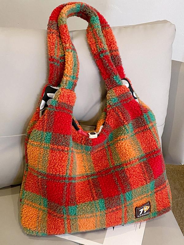 Women's Cute Colorful Plaid Pattern Tote Bag, Casual Large Capacity Shoulder Bag for Commute & School, Trendy Versatile High-quality Daily Commuting Bag