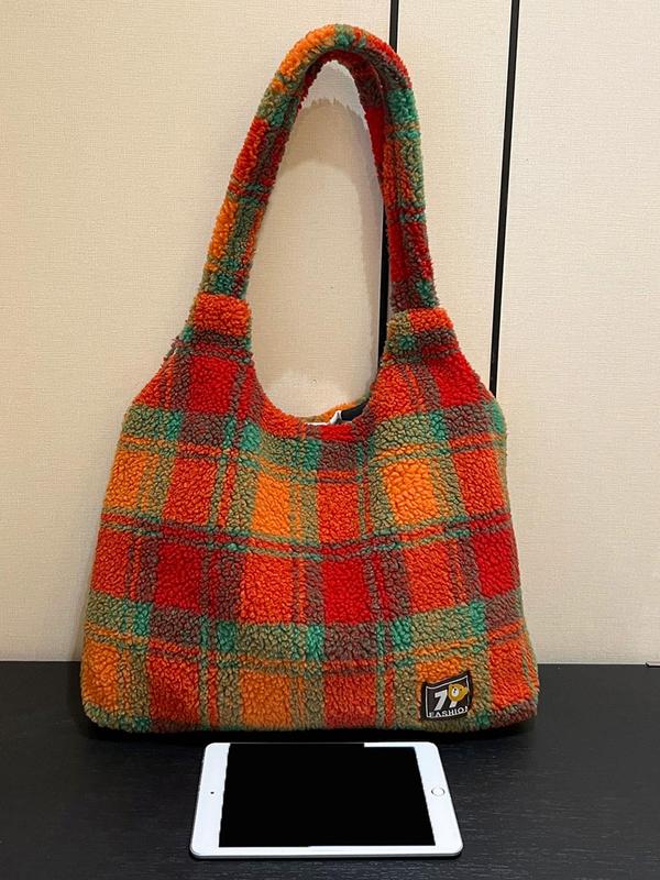 Women's Cute Colorful Plaid Pattern Tote Bag, Casual Large Capacity Shoulder Bag for Commute & School, Trendy Versatile High-quality Daily Commuting Bag