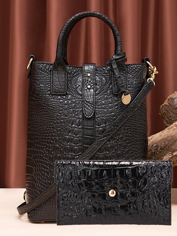 Women's Fashion Crocodile Embossed Handbag & Wallet, Casual Versatile Shoulder Bag Set for Women, Trendy All-match Bag Set for Daily Use