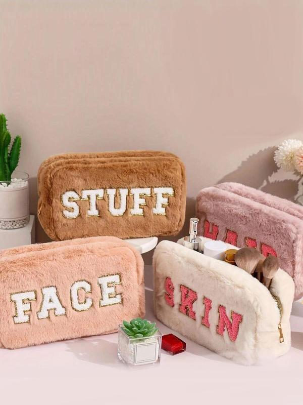 Letter Patched Makeup Bag, Fluffy Zipper Makeup Bag, Versatile Storage Bag for Travel, Gym, Office, School, Daily Used