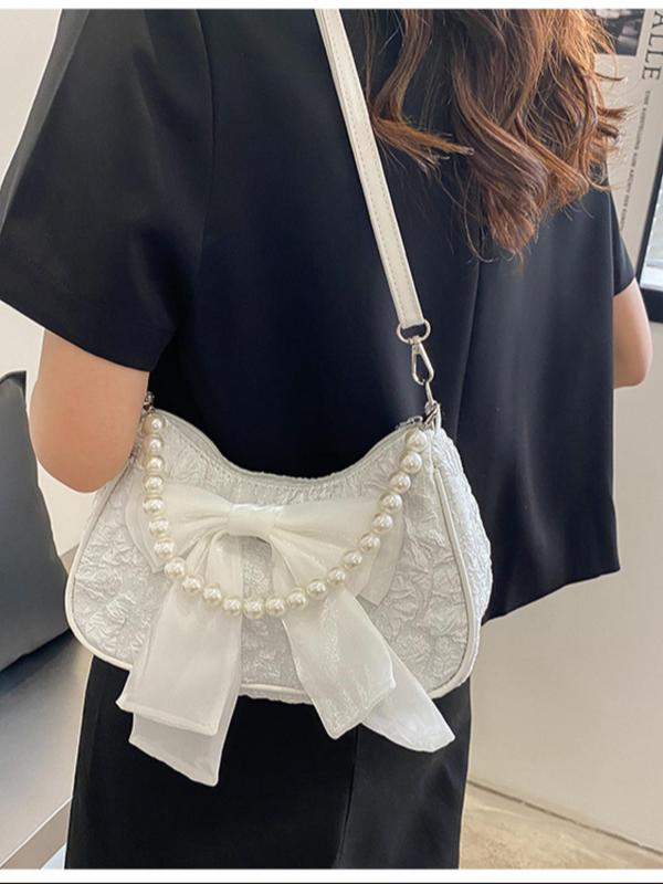 Women's Cute Faux Pearl Decor Bowknot Design Shoulder Clutch,  Elegant Ruched Design Shoulder Bag, Chic Y2K Shoulder Bag & Handbag for Daily & Party Use