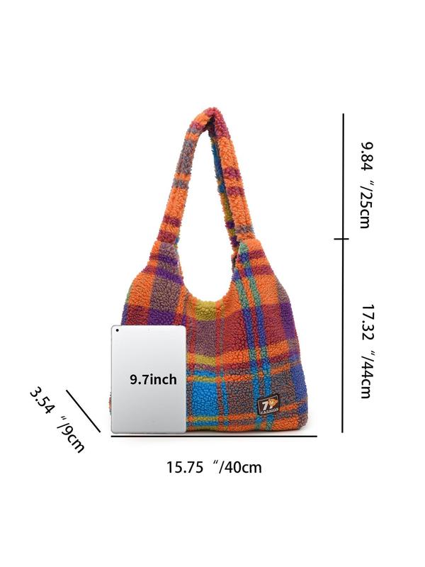 Women's Cute Colorful Plaid Pattern Tote Bag, Casual Large Capacity Shoulder Bag for Commute & School, Trendy Versatile High-quality Daily Commuting Bag