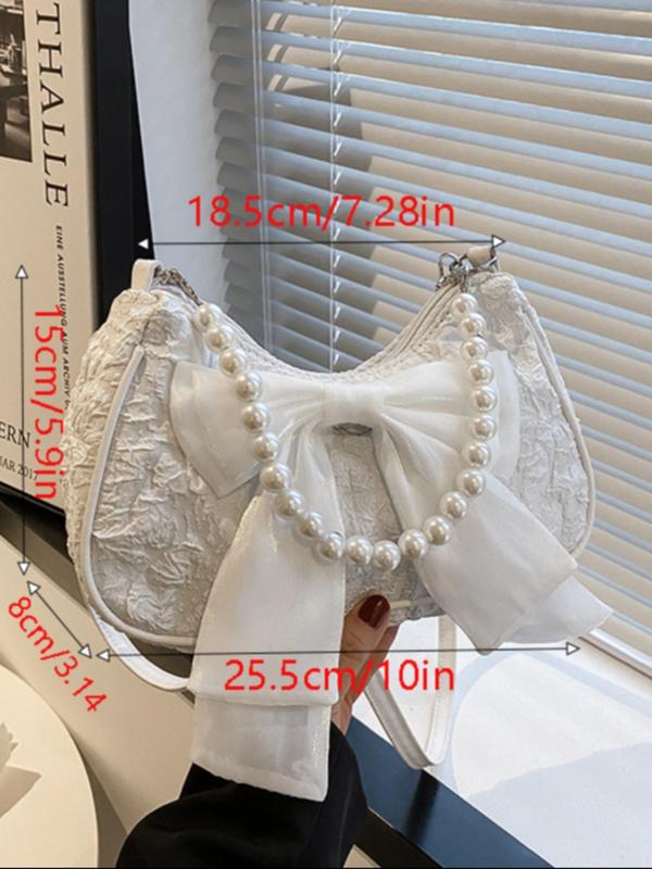 Women's Cute Faux Pearl Decor Bowknot Design Shoulder Clutch,  Elegant Ruched Design Shoulder Bag, Chic Y2K Shoulder Bag & Handbag for Daily & Party Use
