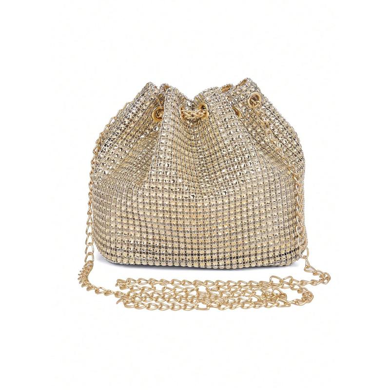 Lightweight,Business Casual Rhinestone Decor Bucket Bag Mini Drawstring Design, Clear Bag Trendy Pearl Bag Evening Bag,Dinner Bag Glamorous,Elegant,Exquisite,Quiet Luxury Rhinestone For Party Girl,Woman,Bride Perfect For Party,Dinner Banquet