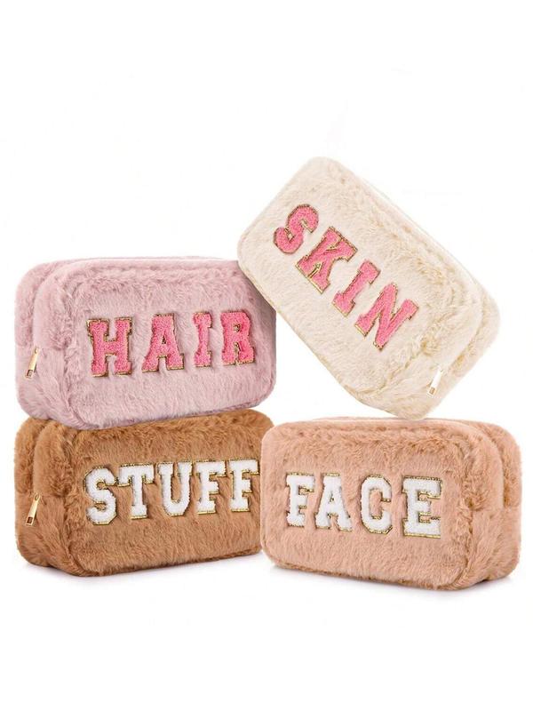 Letter Patched Makeup Bag, Fluffy Zipper Makeup Bag, Versatile Storage Bag for Travel, Gym, Office, School, Daily Used