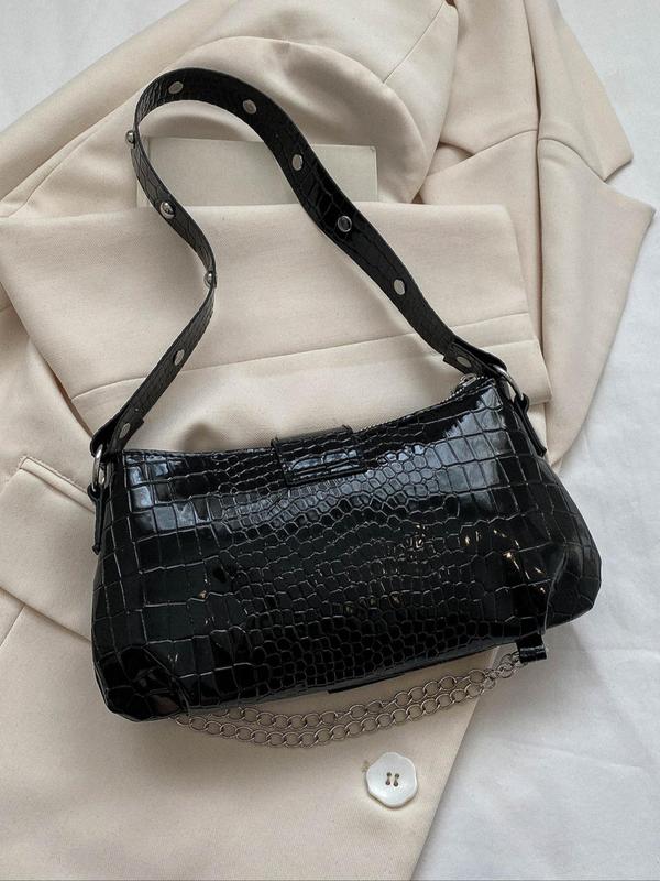 Fashion Crocodile Pattern Pu Shoulder Bag, Solid Color Chain Decorated Shoulder Bag, Women's Studded Decor Crossbody Bag, High-quality Daily Commuting Bag