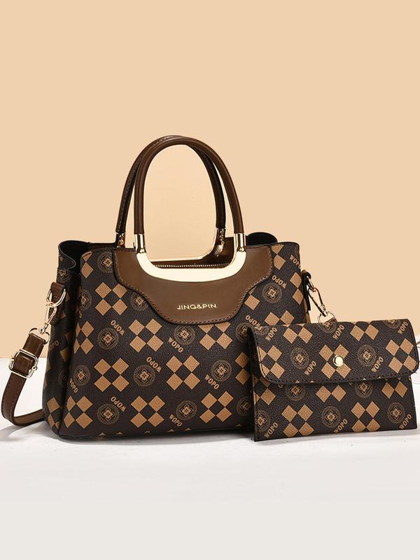 Women's Elegant All Over Print Handbag & Wristlet, Fashionable PU Leather Crossbody Bag & Wristlet, Casual Trendy Versatile High-quality Daily Commuting Bag Set