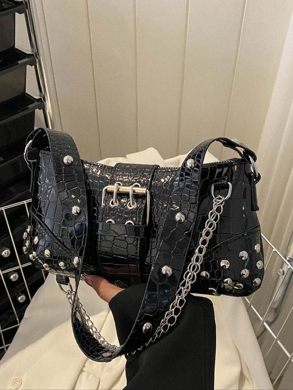 Fashion Crocodile Pattern Pu Shoulder Bag, Solid Color Chain Decorated Shoulder Bag, Women's Studded Decor Crossbody Bag, High-quality Daily Commuting Bag