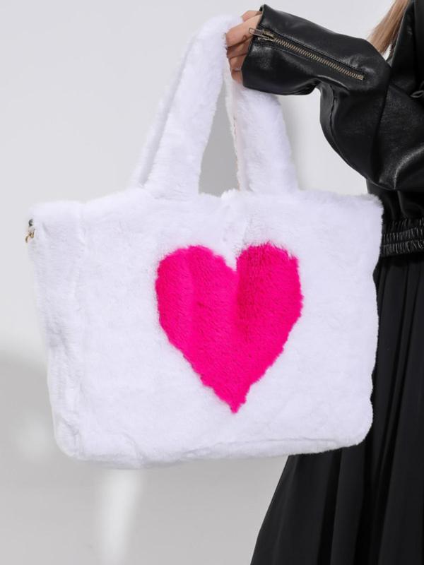 Women's Fashionable Heart Shaped Faux Fur Handbag, Casual Versatile Shoulder Bag with Chain Strap, Trendy All-match Crossbody Bag for Daily Use