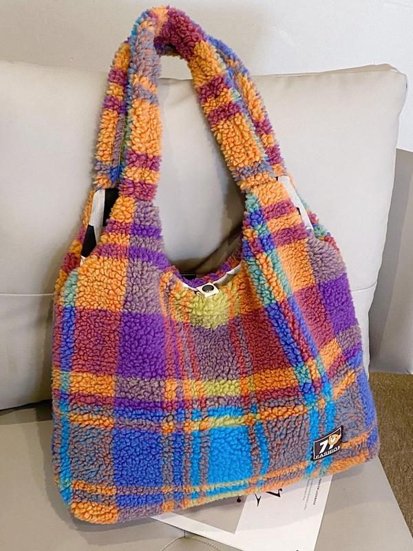 Women's Cute Colorful Plaid Pattern Tote Bag, Casual Large Capacity Shoulder Bag for Commute & School, Trendy Versatile High-quality Daily Commuting Bag