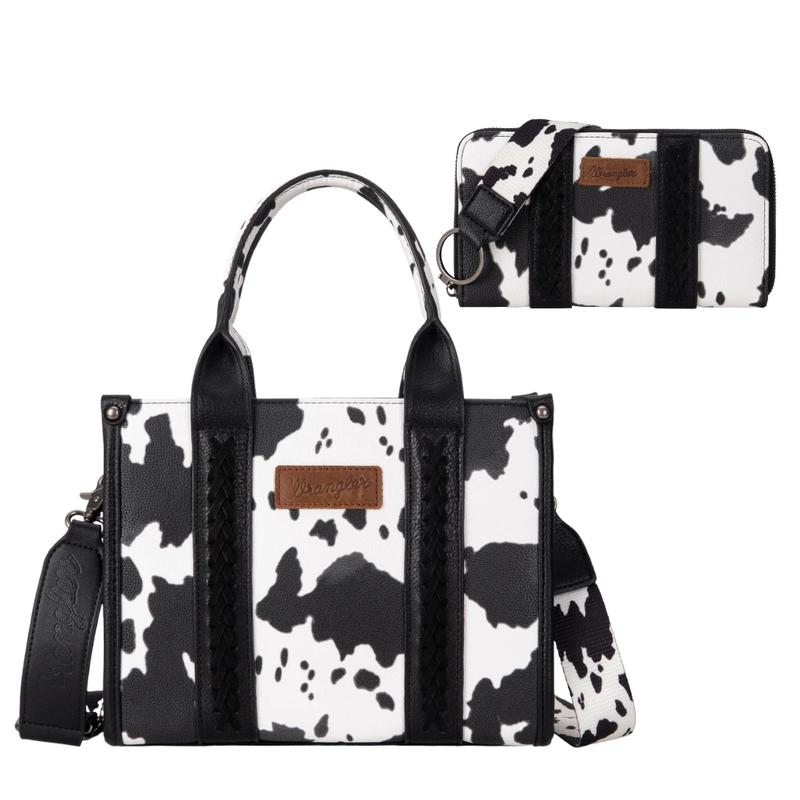 Live Exclusive Wrangler Cow Print Concealed Carry Tote Crossbody Bag and Matching Cow Print Wristlet Wallet SET