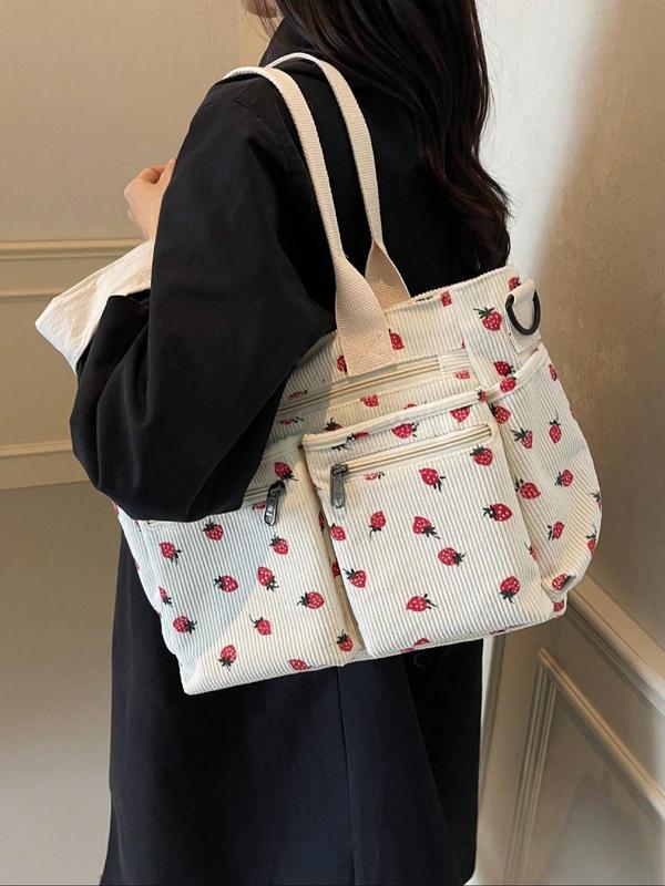 Fashion Strawberry Pattern Decor Tote Bag, Large Capacity Shoulder Bag for Women, Casual Trendy Versatile High-quality Daily Commuting Bag, Girl Fashionable Shopping Bag