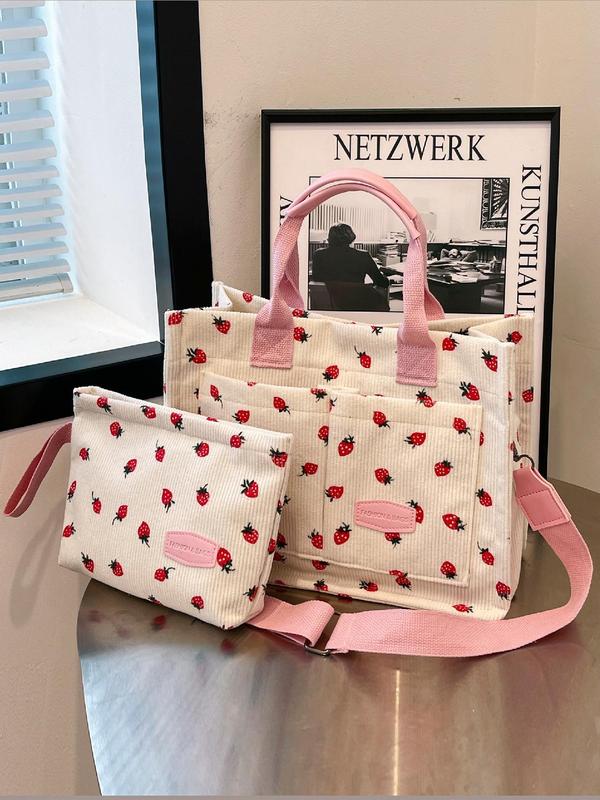 Women's Strawberry Pattern Tote Bag & Purse, Casual Versatile Shoulder Bag & Coin Purse, Trendy High-quality Daily Commuting Bag, Girl Fashionable Bag