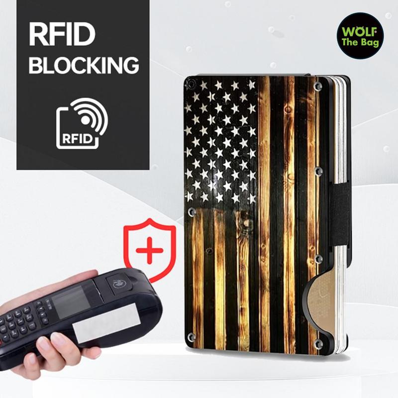 RFID Blocking Minimalist Wood Grain Slim Card Holder for Men,Easily Removable Money Clip Thin Wallet, American Flag Artcraft Card Holder