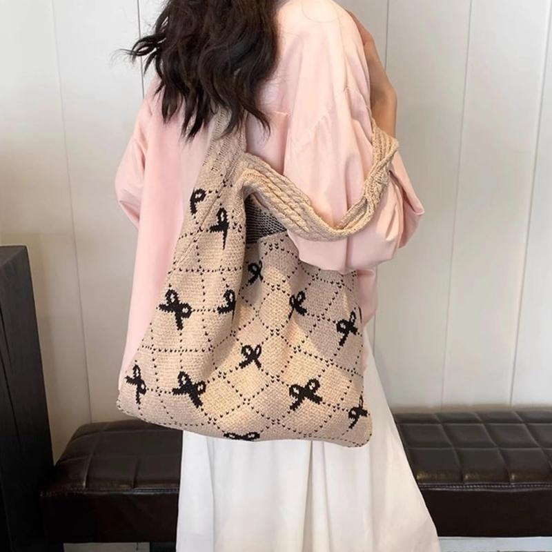 Women's cute crochet handbags beautiful beach bags Y2k bow handbags knitted bags bohemian style shoulder bags