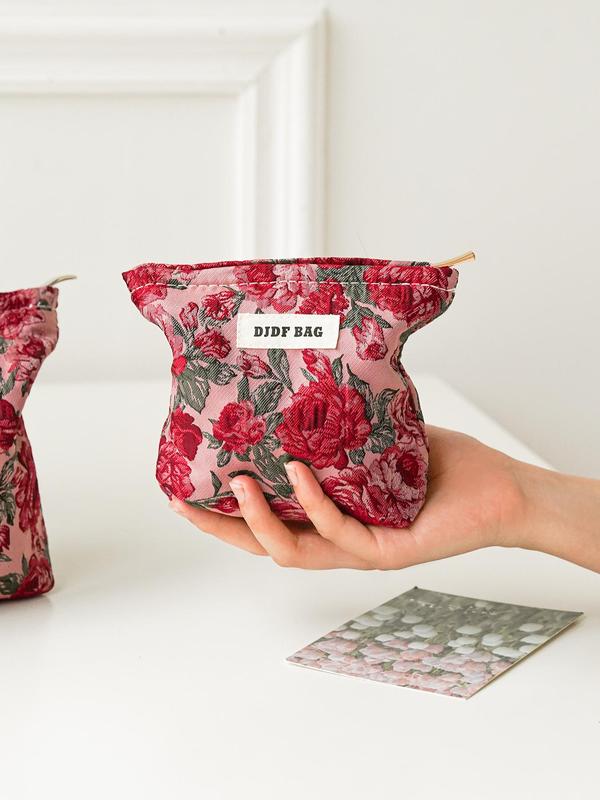 Floral Pattern Letter Patched Design Makeup Bag, Portable Cosmetic Storage Bag, Zipper Makeup Organizer Pouch, Versatile Storage Bag for Travel & Daily Use