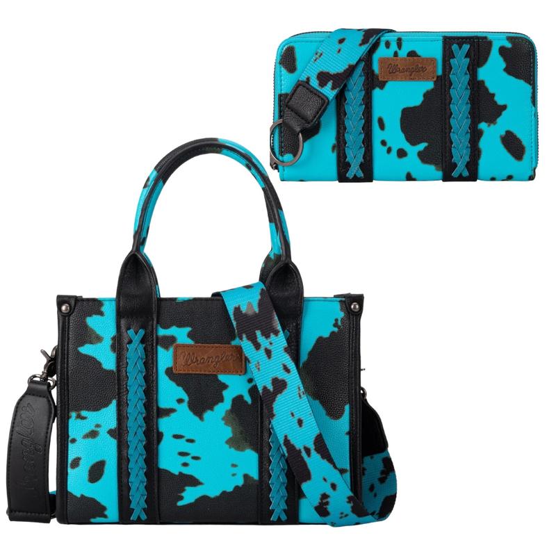 Live Exclusive Wrangler Cow Print Concealed Carry Tote Crossbody Bag and Matching Cow Print Wristlet Wallet SET