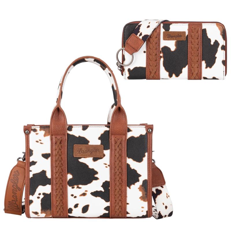 Live Exclusive Wrangler Cow Print Concealed Carry Tote Crossbody Bag and Matching Cow Print Wristlet Wallet SET