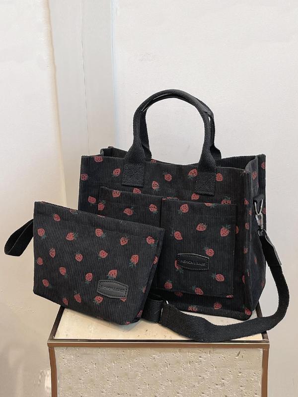 Women's Strawberry Pattern Tote Bag & Purse, Casual Versatile Shoulder Bag & Coin Purse, Trendy High-quality Daily Commuting Bag, Girl Fashionable Bag