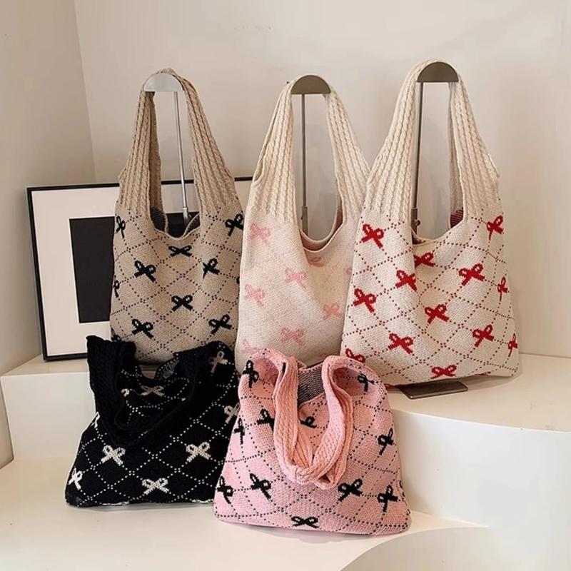 Women's cute crochet handbags beautiful beach bags Y2k bow handbags knitted bags bohemian style shoulder bags