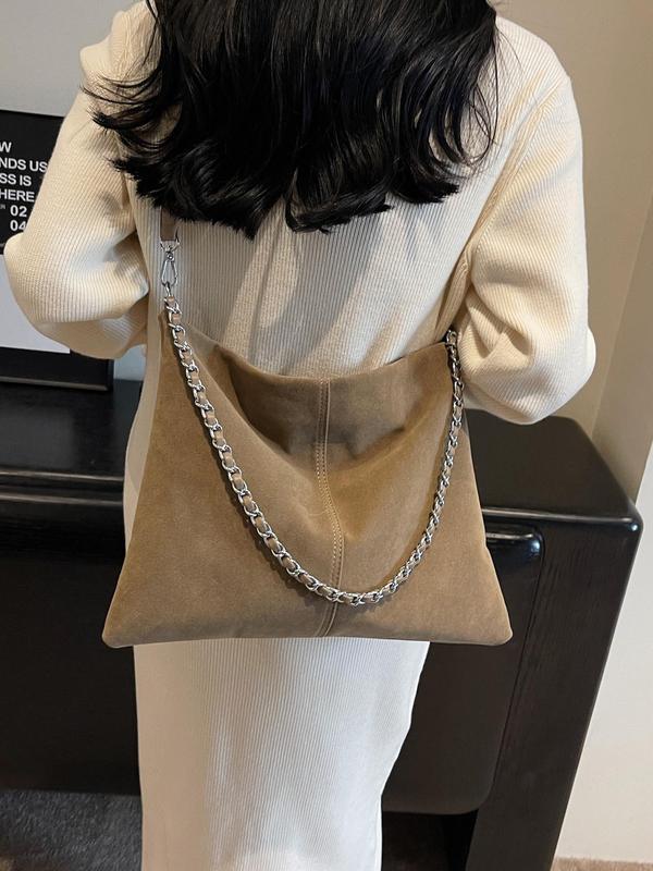 Women's Solid Color Chain Decorated Tote Bag, Fashionable Large Capacity Shoulder Bag for Daily Used, Casual Trendy Versatile High-quality Daily Commuting Bag